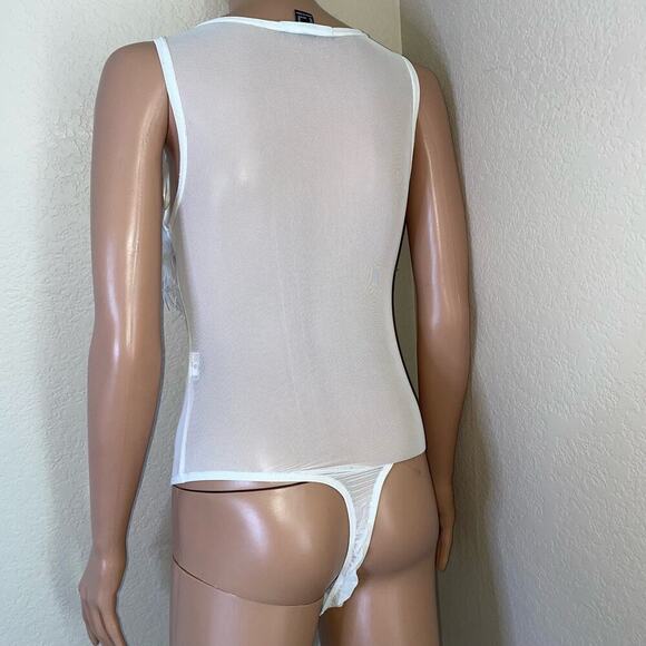Forever 21 body suit white mesh boa feather top one piece semi sheer SZ M snap - Picture 2 of 8